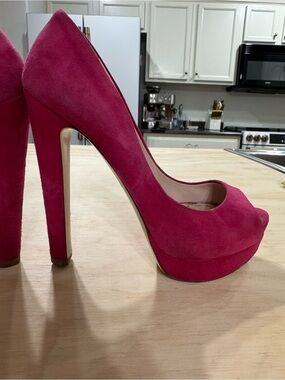 Miu Miu Hot Pink Suede Peep-Toe Platform Pumps